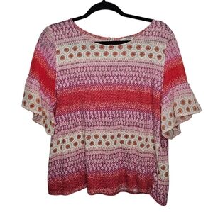 Lucky Brand Pink & Red Patterned Flutter Sleeve Blouse